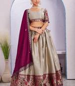cream Jacquard Silk Lehenga Choli Set With Dupatta