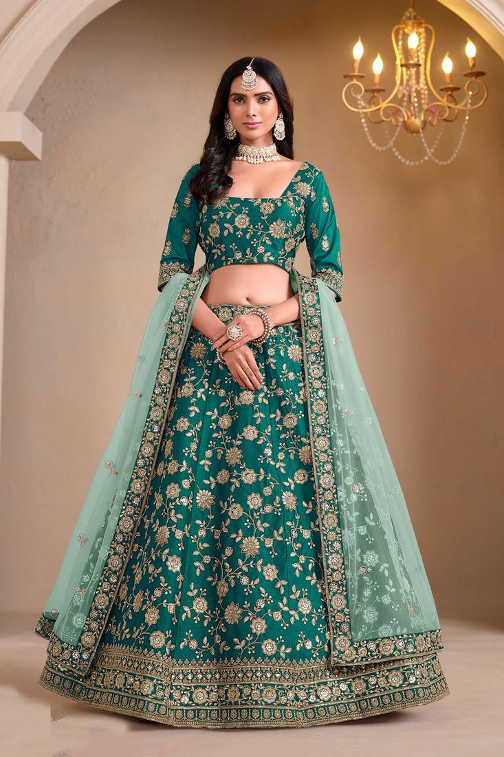 Teal Green Embroidery & Sequins Work Art Silk Lehenga with Blouse