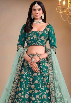 Teal Green Embroidery & Sequins Work Art Silk Lehenga with Blouse 2