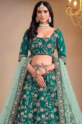 Teal Green Embroidery & Sequins Work Art Silk Lehenga with Blouse