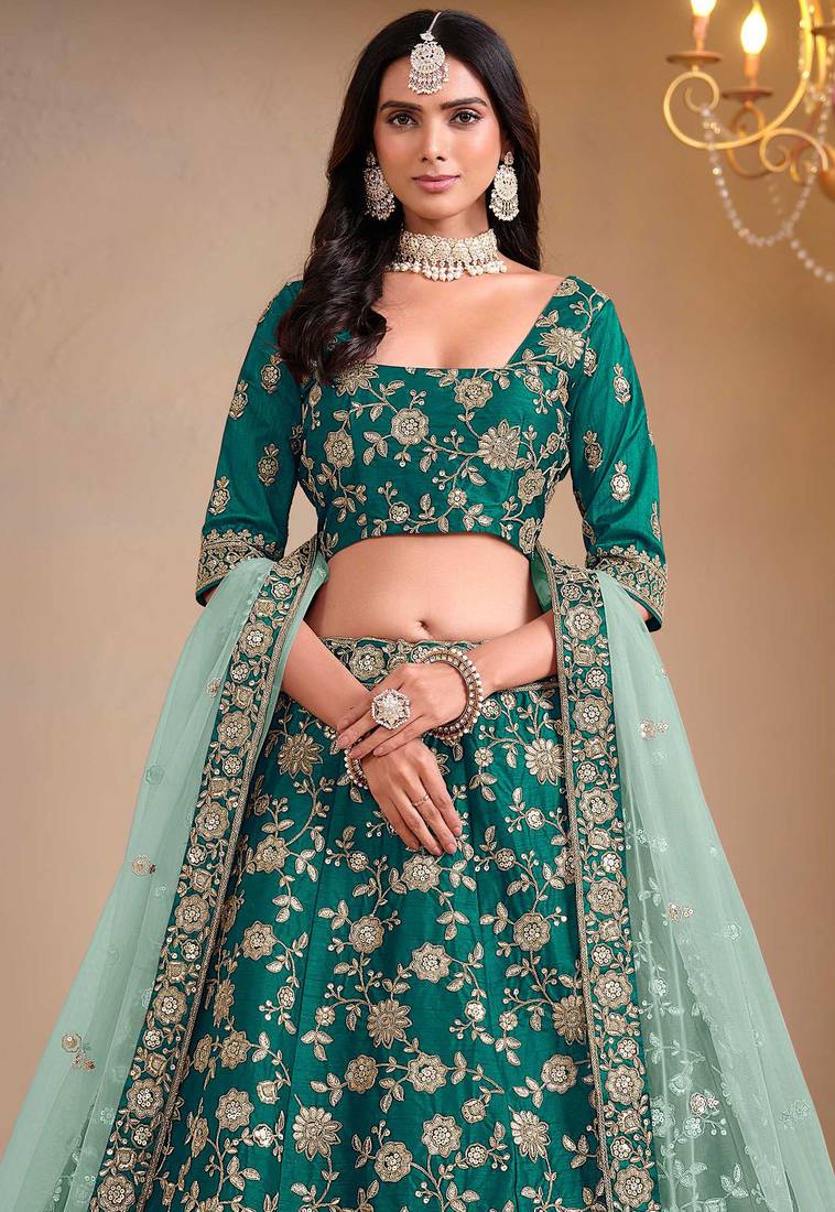 Teal Green Embroidery & Sequins Work Art Silk Lehenga with Blouse