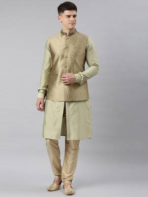 Green brocade jacket with open style light green kurta set 1