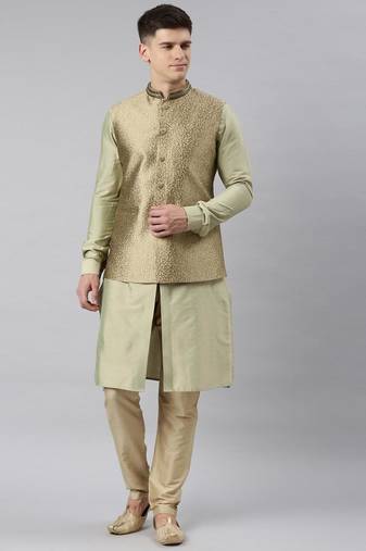 Green brocade jacket with open style light green kurta set