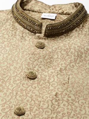 Green brocade jacket with open style light green kurta set 2