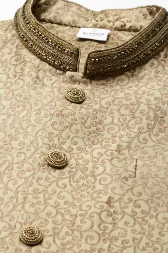 Green brocade jacket with open style light green kurta set