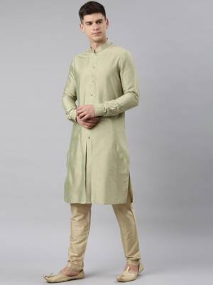 Green brocade jacket with open style light green kurta set 3
