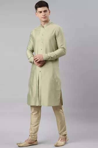 Green brocade jacket with open style light green kurta set