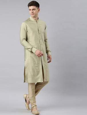 Green brocade jacket with open style light green kurta set 4