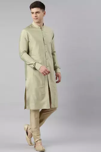 Green brocade jacket with open style light green kurta set