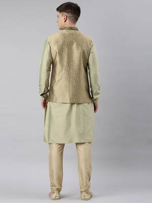 Green brocade jacket with open style light green kurta set 5
