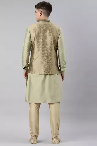 Green brocade jacket with open style light green kurta set