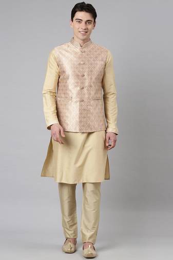 Peach gold jacquard jacket w gold kurta