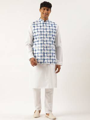White cotton blue tie dye jacket with white kurta 1