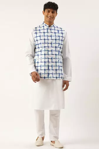 White cotton blue tie dye jacket with white kurta