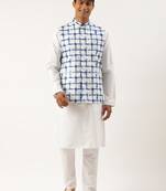 White cotton blue tie dye jacket with white kurta