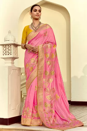 Pink zari embroidered mirror and beads work saree with blouse