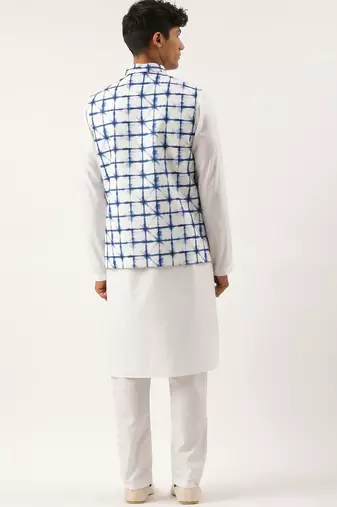 White cotton blue tie dye jacket with white kurta