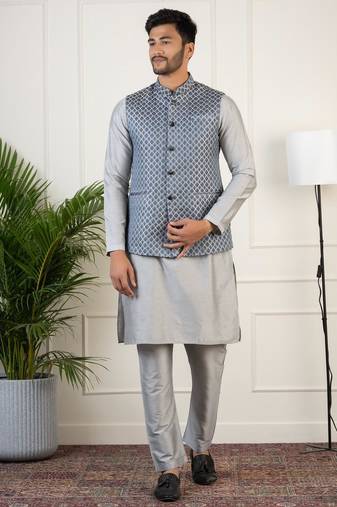 Bluish-grey jacquard jacket with grey kurta