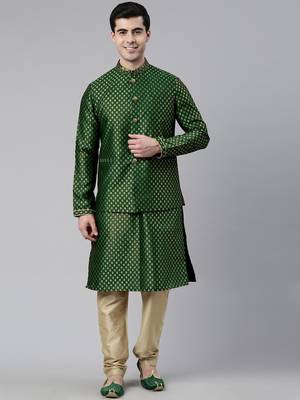 Green brocade jacket and kurta set 1