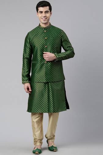 Green brocade jacket and kurta set