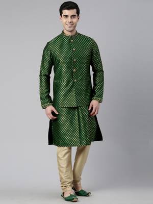 Green brocade jacket and kurta set 5