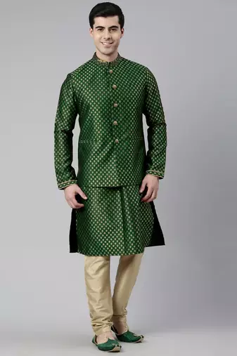 Green brocade jacket and kurta set