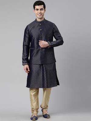 Navy blue brocade jacket and kurta set 1