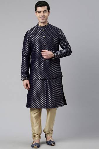 Navy blue brocade jacket and kurta set