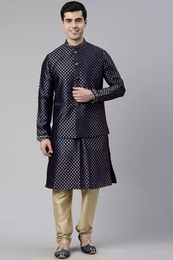Navy blue brocade jacket and kurta set
