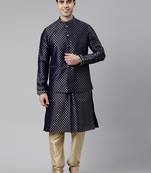 Navy blue brocade jacket and kurta set
