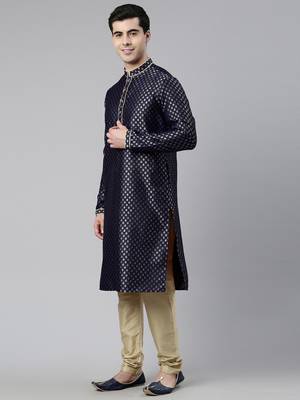 Navy blue brocade jacket and kurta set 3