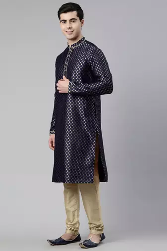 Navy blue brocade jacket and kurta set