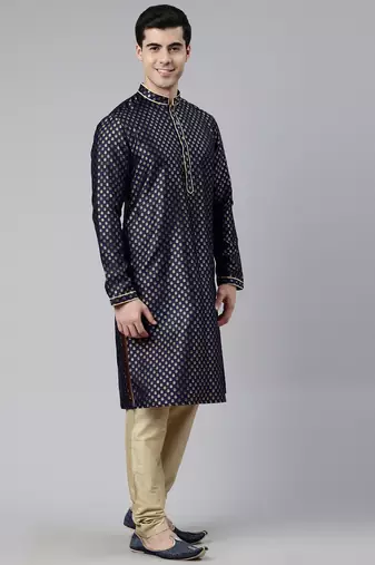 Navy blue brocade jacket and kurta set