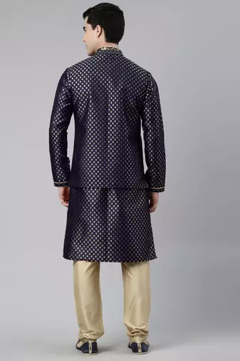 Navy blue brocade jacket and kurta set