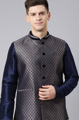 Midnight blue banarasi brocade jacket with mid night blue kurta set