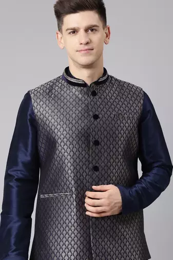 Midnight blue banarasi brocade jacket with mid night blue kurta set