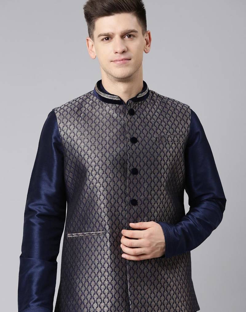 Midnight blue banarasi brocade jacket with mid night blue kurta set