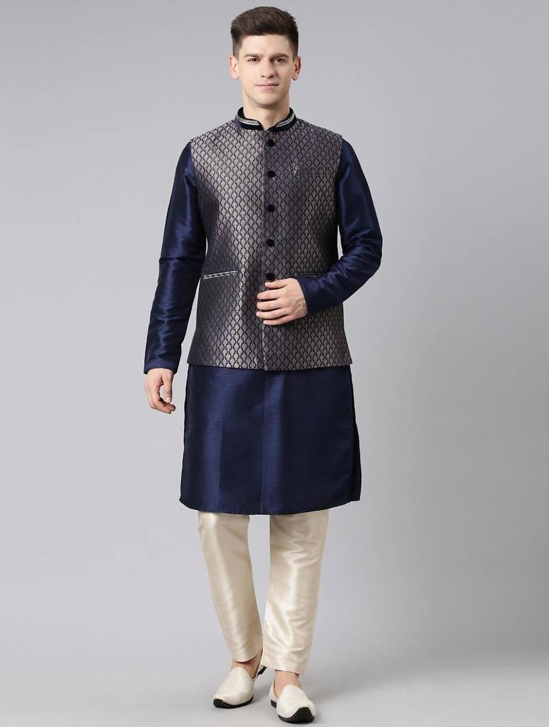 Midnight blue banarasi brocade jacket with mid night blue kurta set