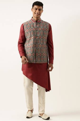 Printed jacket with self-design drape side-open kurta