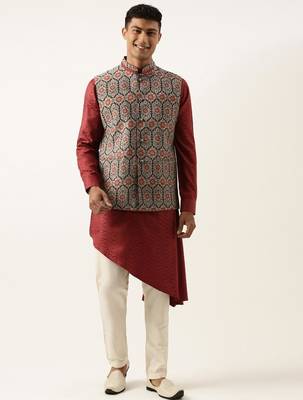Printed jacket with self-design drape side-open kurta 1