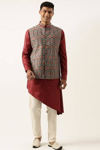 Printed jacket with self-design drape side-open kurta