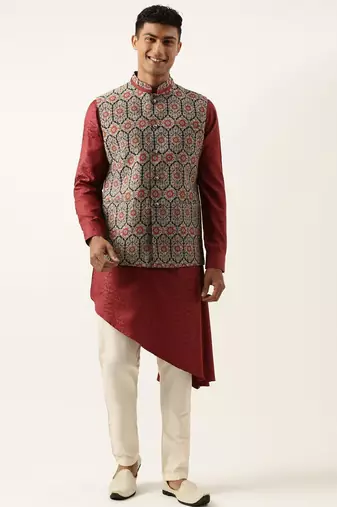 Printed jacket with self-design drape side-open kurta