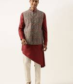 Printed jacket with self-design drape side-open kurta