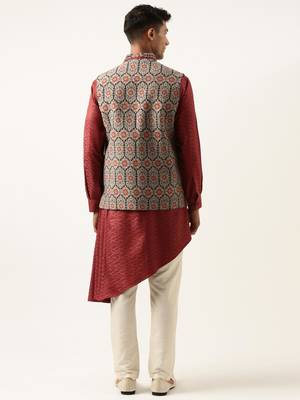 Printed jacket with self-design drape side-open kurta 2