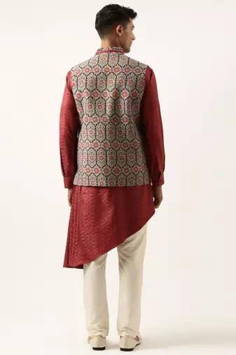 Printed jacket with self-design drape side-open kurta