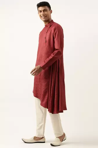 Printed jacket with self-design drape side-open kurta