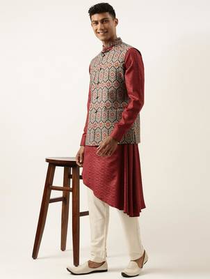 Printed jacket with self-design drape side-open kurta 4