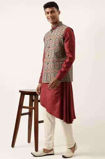 Printed jacket with self-design drape side-open kurta
