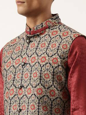 Printed jacket with self-design drape side-open kurta 5