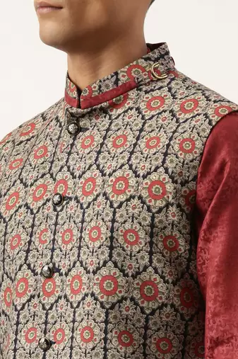 Printed jacket with self-design drape side-open kurta